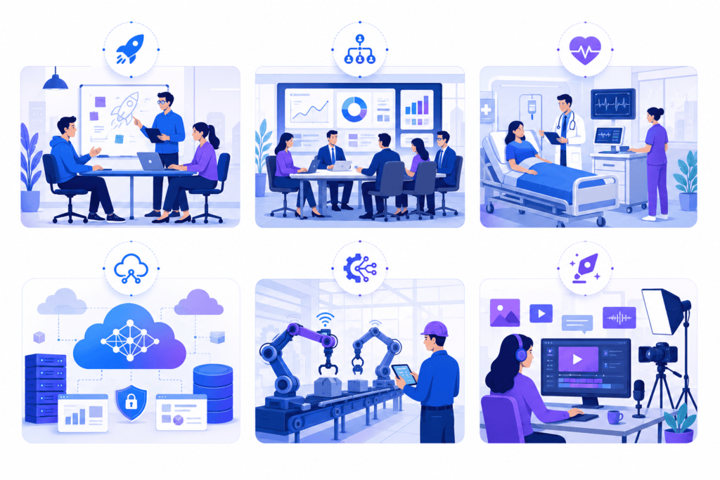 Illustration grid of real-world use cases for OpenAI and Mistral AI in 2026