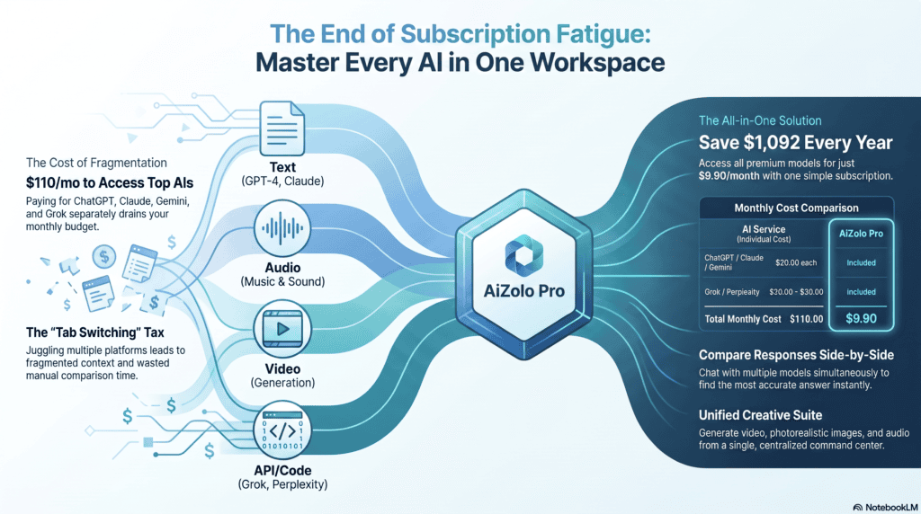 Illustration of text, audio, video, and code converging into one AI model