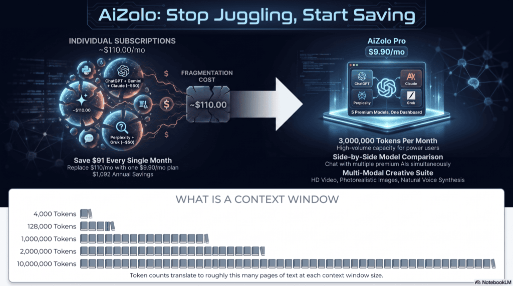 Best AI Aggregator for 10 Million Token Context 3 Infographic comparing token counts to pages of text across different AI context window sizes