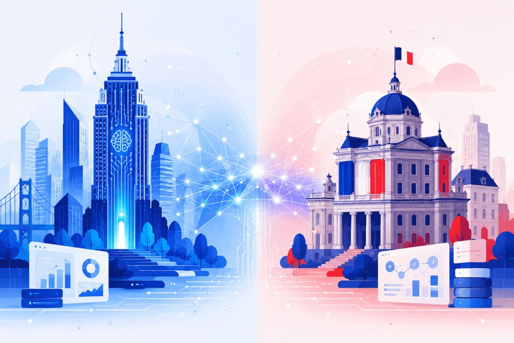 OpenAI vs Mistral AI comparison 2026 illustration showing US and EU AI ecosystems