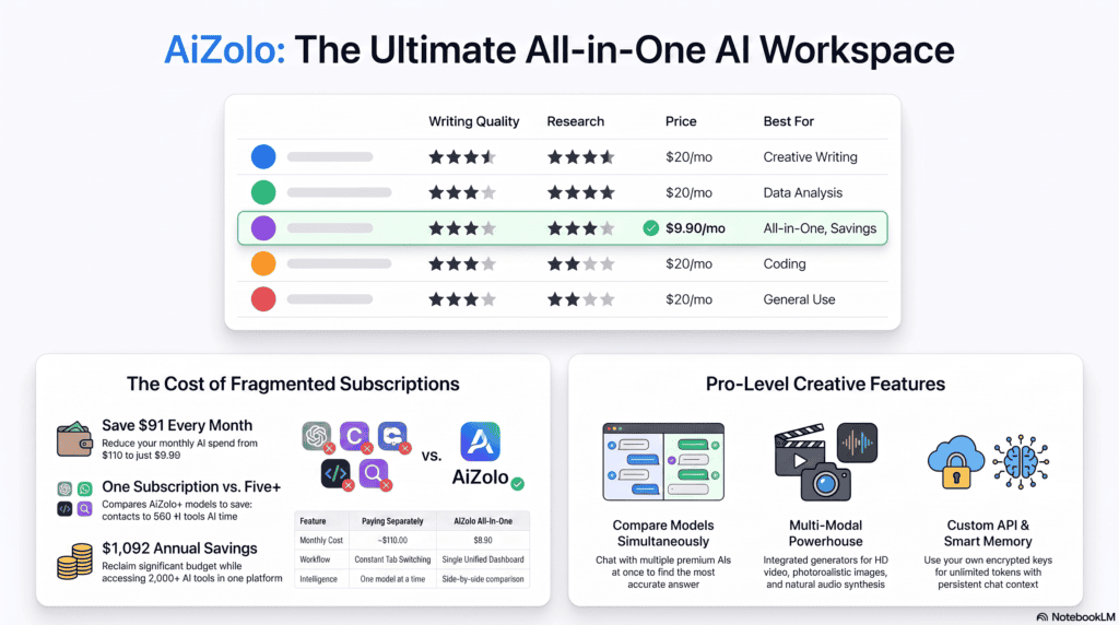 Table comparing AI models for writing by quality, research ability, and price.