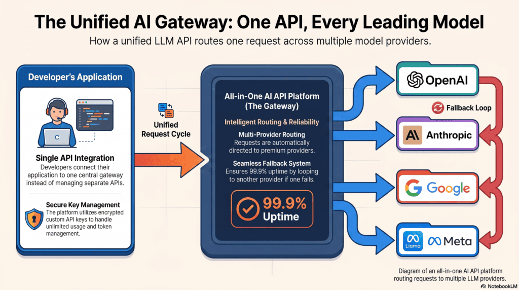Diagram of an all-in-one AI API platform routing requests to multiple LLM providers.