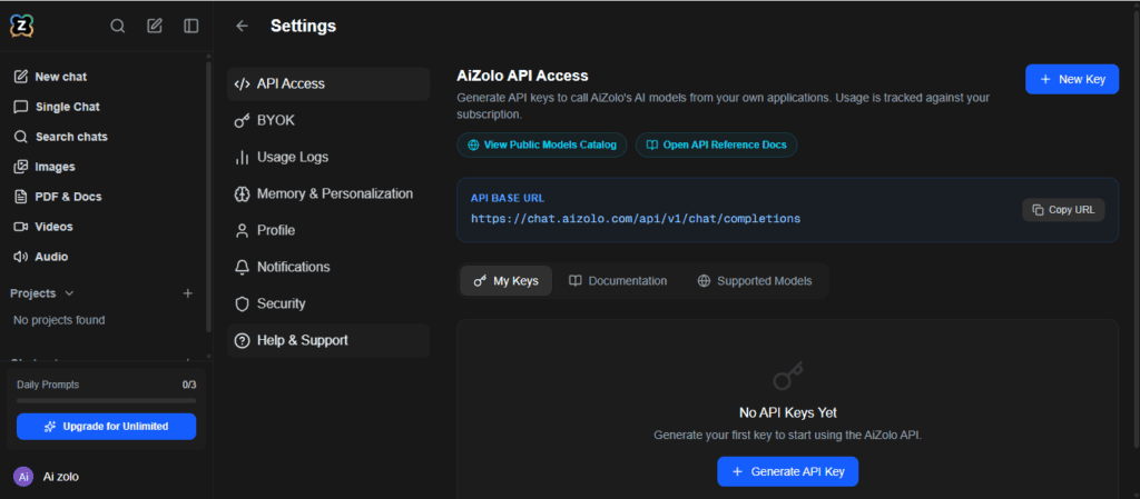 Dashboard screen for adding a custom OpenAI or Anthropic API key with encryption indicator