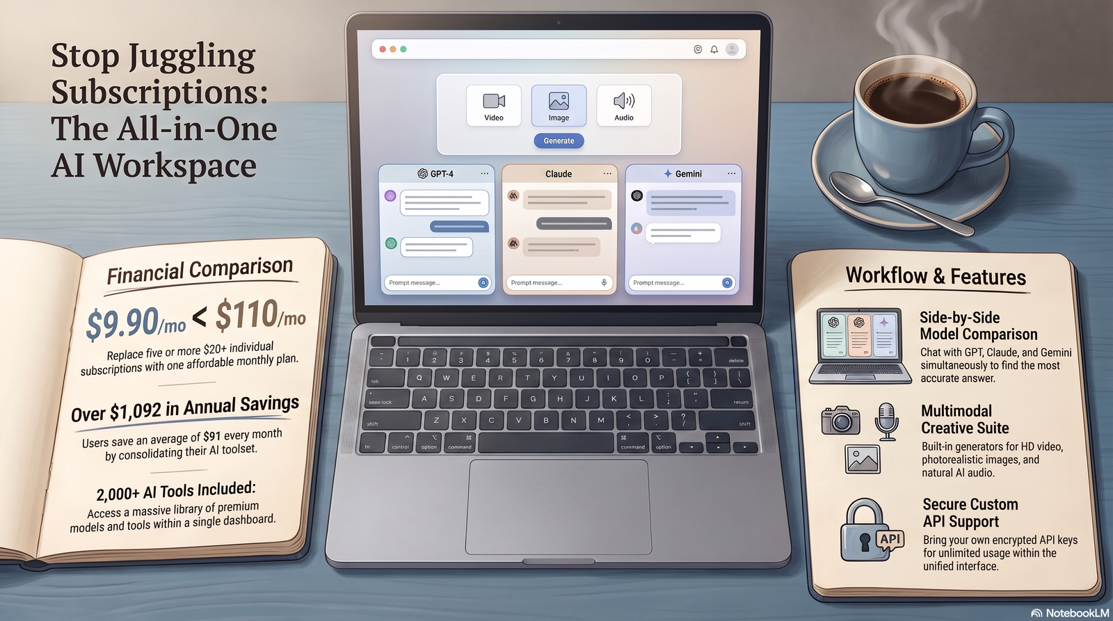 Best AI tools for content creation — workspace with laptop and notes