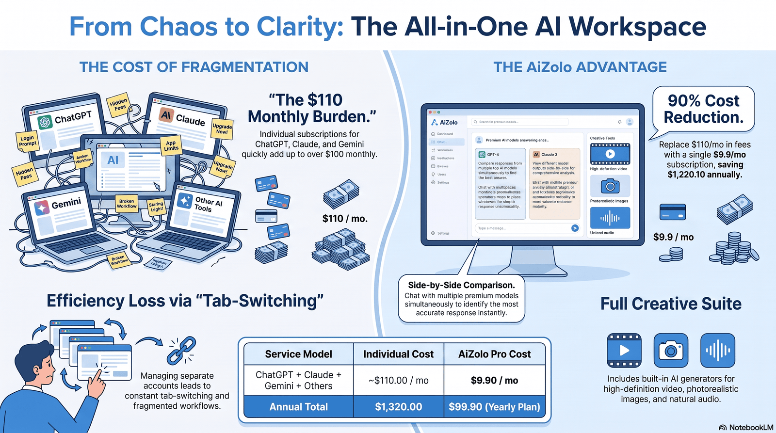 Comparison illustration of scattered AI tools versus a unified AI workspace for teams