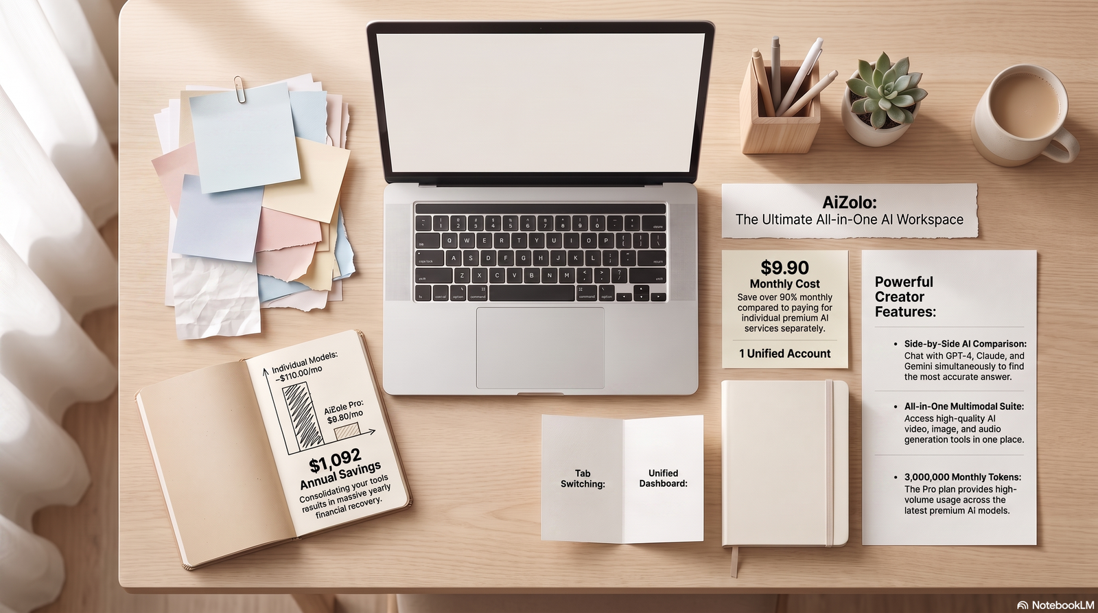 Deliverables Package: "Blog Content Ideas for AI Workspace Users" 3 Content planner reviewing blog content ideas on a laptop dashboard next to handwritten notes