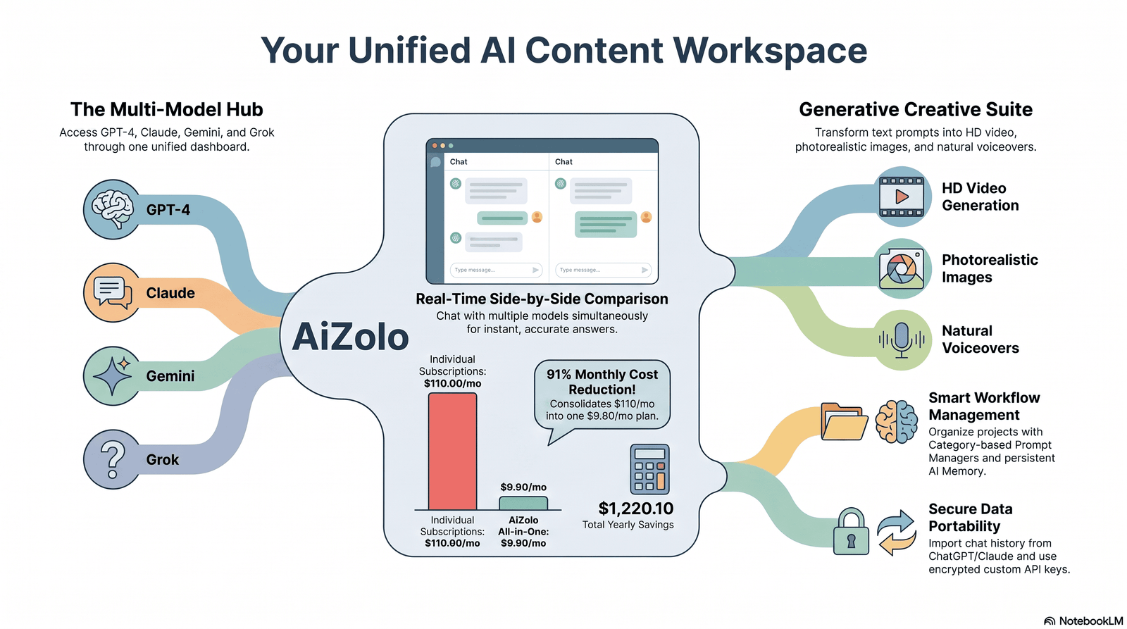 Diagram explaining generative AI, LLMs, and multimodal AI content tools