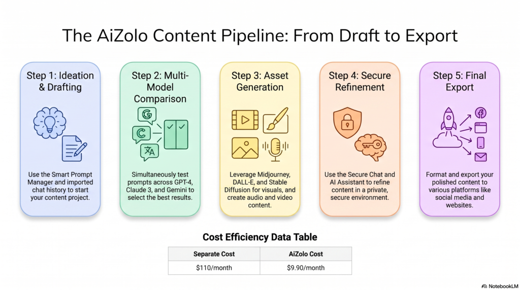 Diagram showing a content workflow moving through draft, review, and export steps