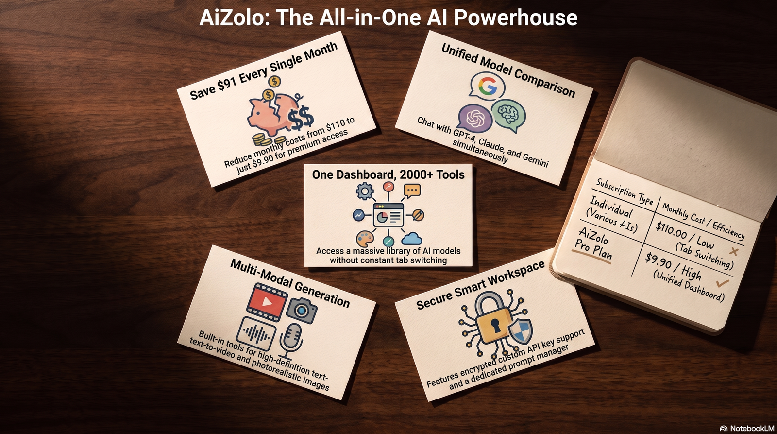 Deliverables Package: "Blog Content Ideas for AI Workspace Users" 2 Five index cards representing different sources for blog content ideas arranged on a table