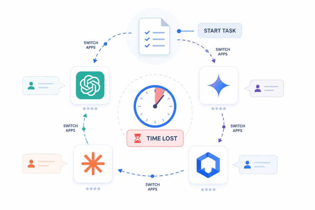 The Hidden Cost of Multiple AI Subscriptions in 2026 5 Flowchart showing time lost switching between multiple AI tools