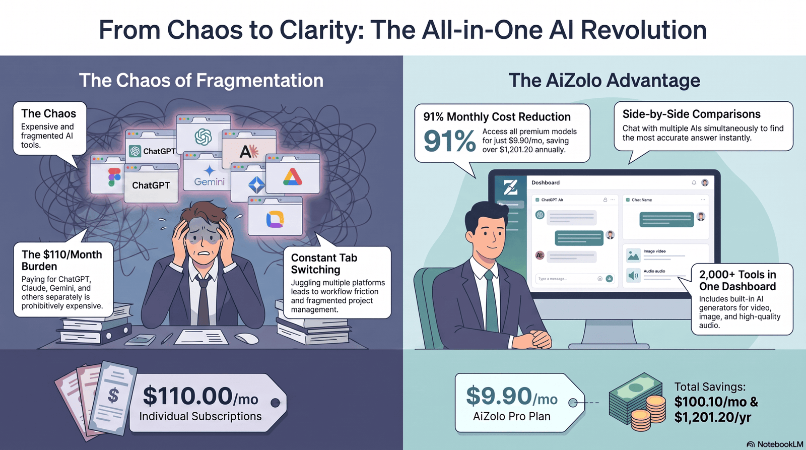 Illustration comparing a cluttered multi-tab AI workflow to a single unified AI dashboard