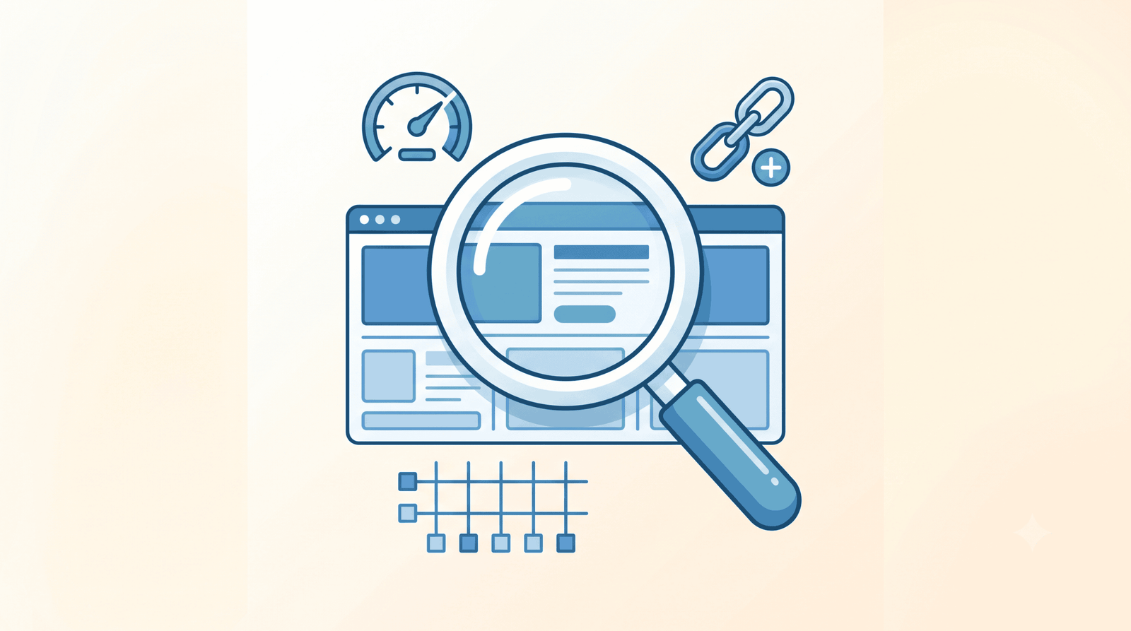 Illustration of a magnifying glass analyzing a website wireframe for SEO issues