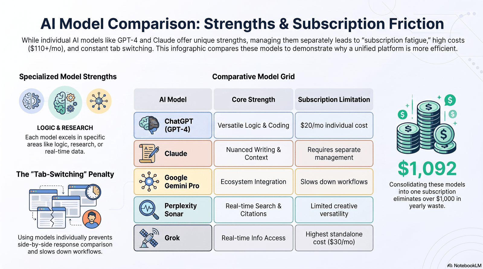 Infographic comparing strengths and limitations of major AI chatbot models