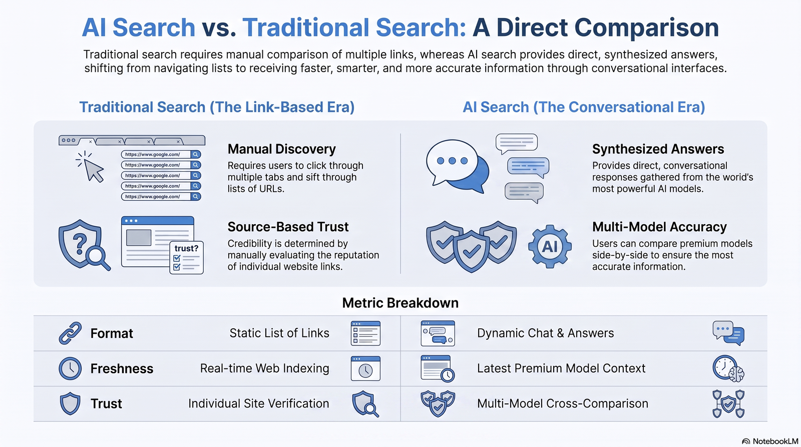 Infographic comparing traditional Google search and AI-powered search on format, freshness, and trust