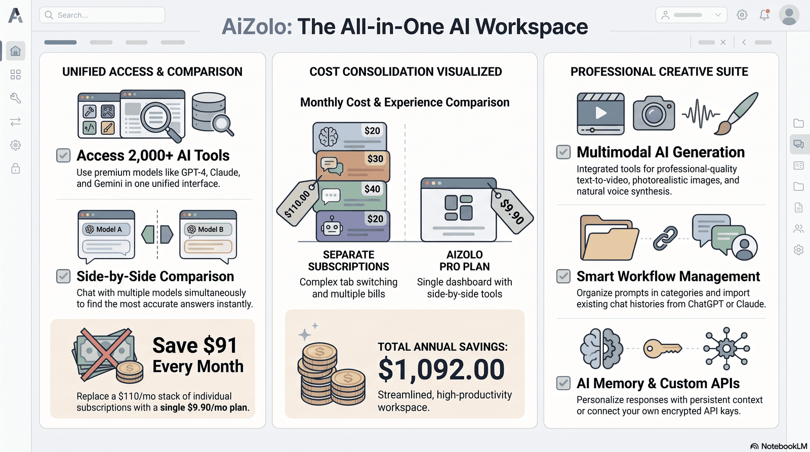 Infographic comparing writing, image, video, and collaboration features