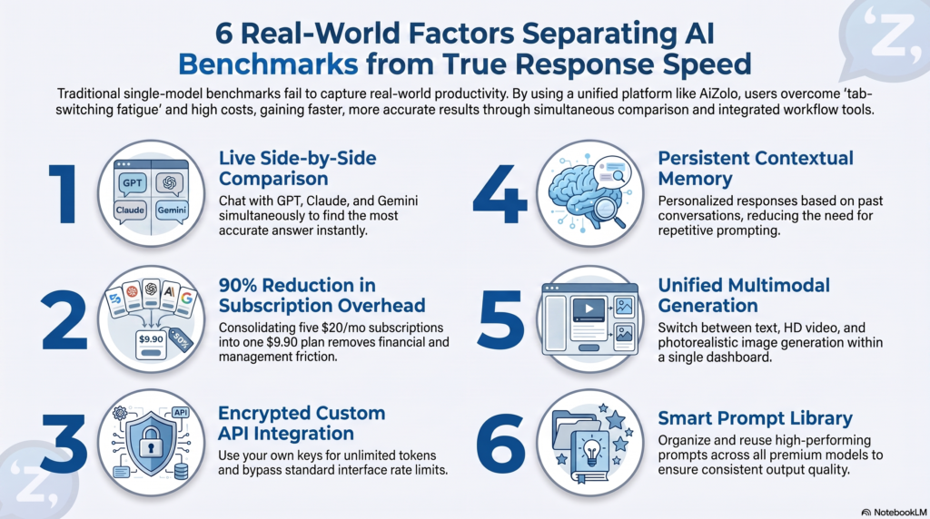 Fastest AI Model 2026 Comparison: Which LLM Is Actually the Quickest? 5 Infographic listing key factors affecting real-world AI model speed
