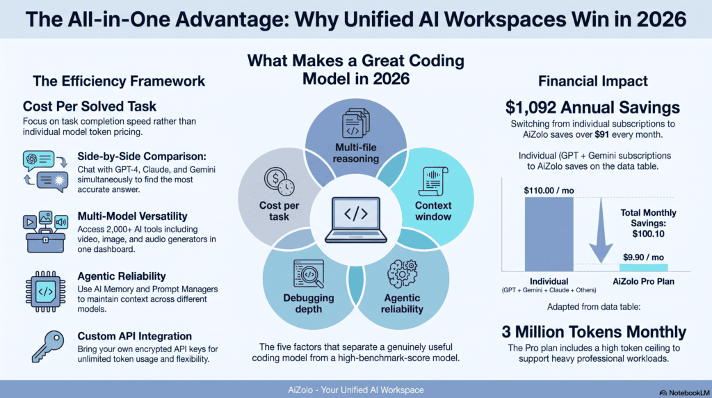 Infographic showing five criteria for evaluating AI coding models