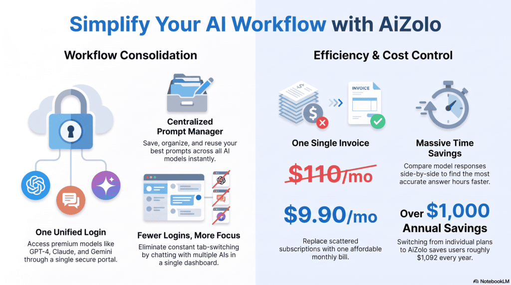 Infographic showing productivity benefits of a unified AI workspace fewer logins, faster comparisons, one invoice