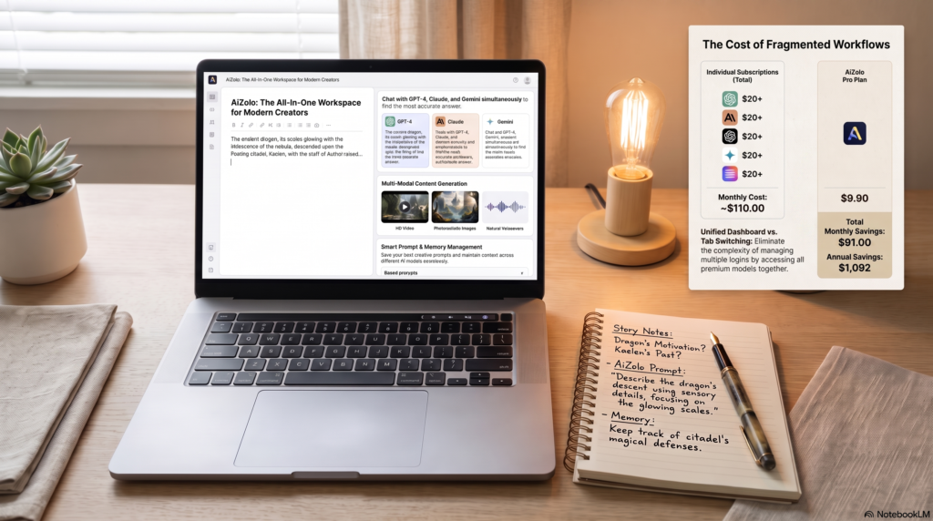 Best AI Tools for Generating Creative Fiction Stories in 2026 1 Laptop and notebook representing AI-assisted fiction writing workflow