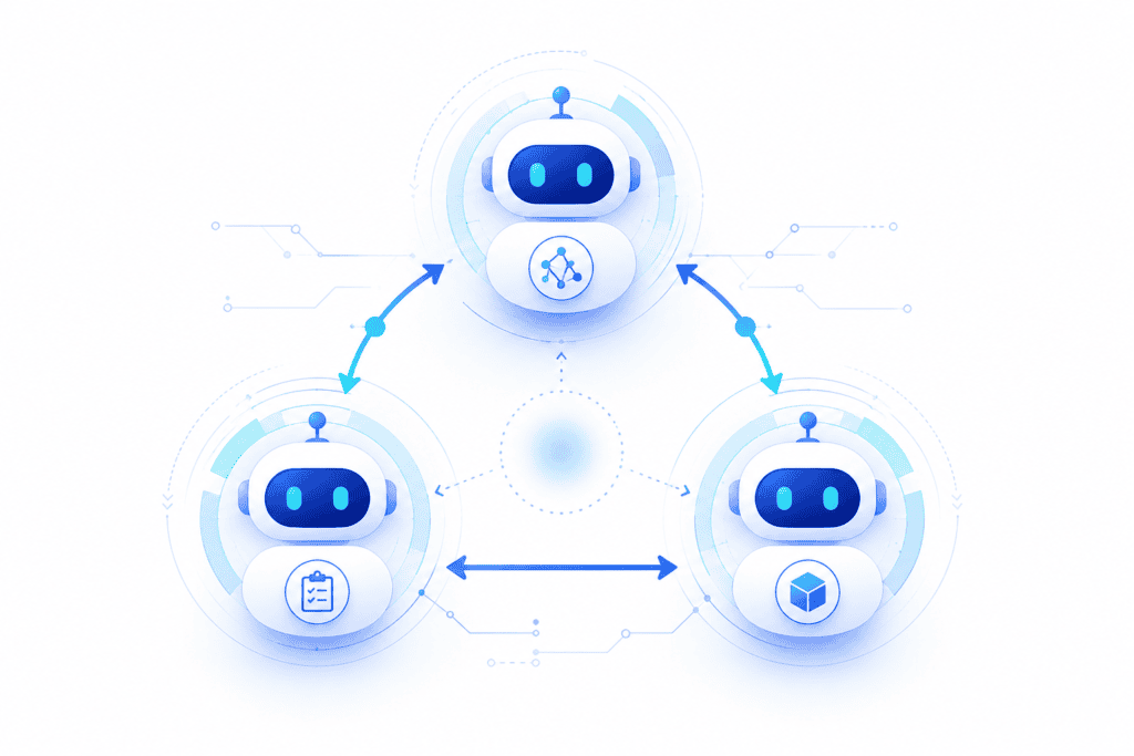 Multi-agent AI testing diagram showing agent coordination and task handoff