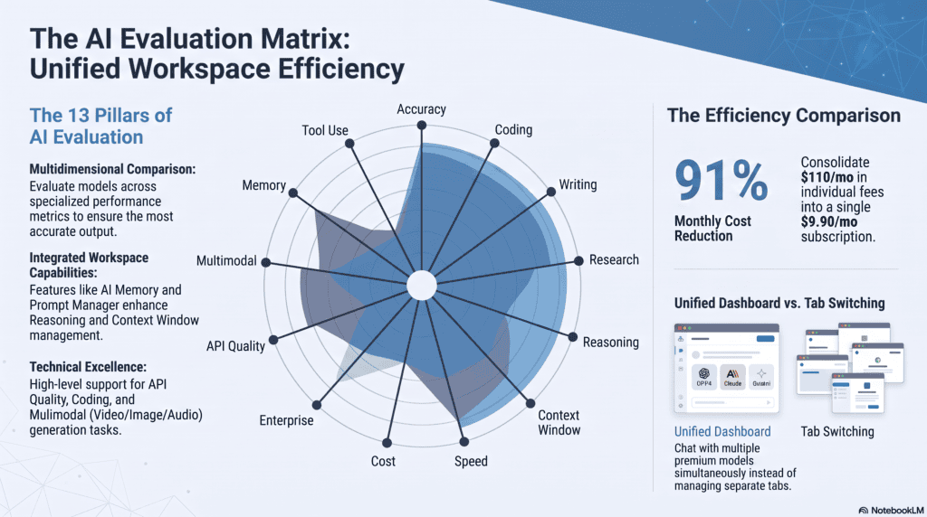 Best AI Models for Different Tasks in 2026: The Complete Comparison 2 Radar diagram showing 13 AI model evaluation criteria including coding, reasoning, cost, and context window