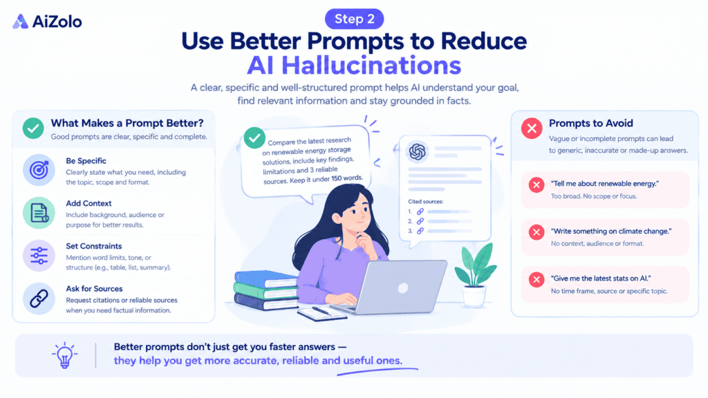 Best AI Workflow for Reducing Hallucinations in Research 5 Step 2 Use Better Prompts to Reduce AI Hallucinations
