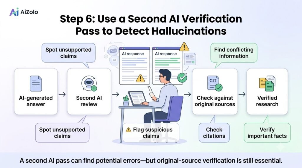 Best AI Workflow for Reducing Hallucinations in Research 9 Step 6 Use a Second AI Verification Pass to Detect Hallucinations