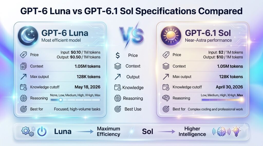 GPT 6 Luna vs GPT 6.1 Sol Specifications Compared