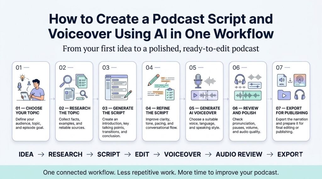 Current image: How to Create a Podcast Script and Voiceover Using AI in One Workflow