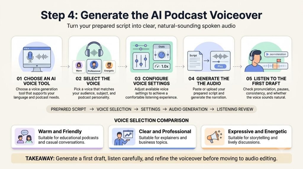 how to create a podcast script and voiceover using AI in one workflow