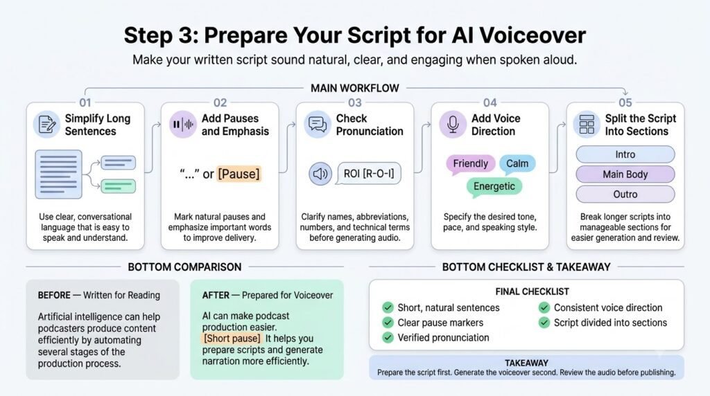 how to create a podcast script and voiceover